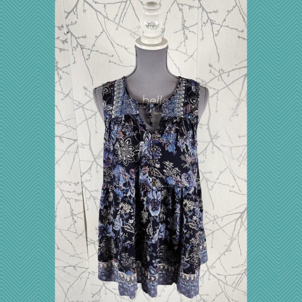 Eclipse Black Floral Printed Keyhole Front Flowy Tunic Tank Fairy Whimsigoth